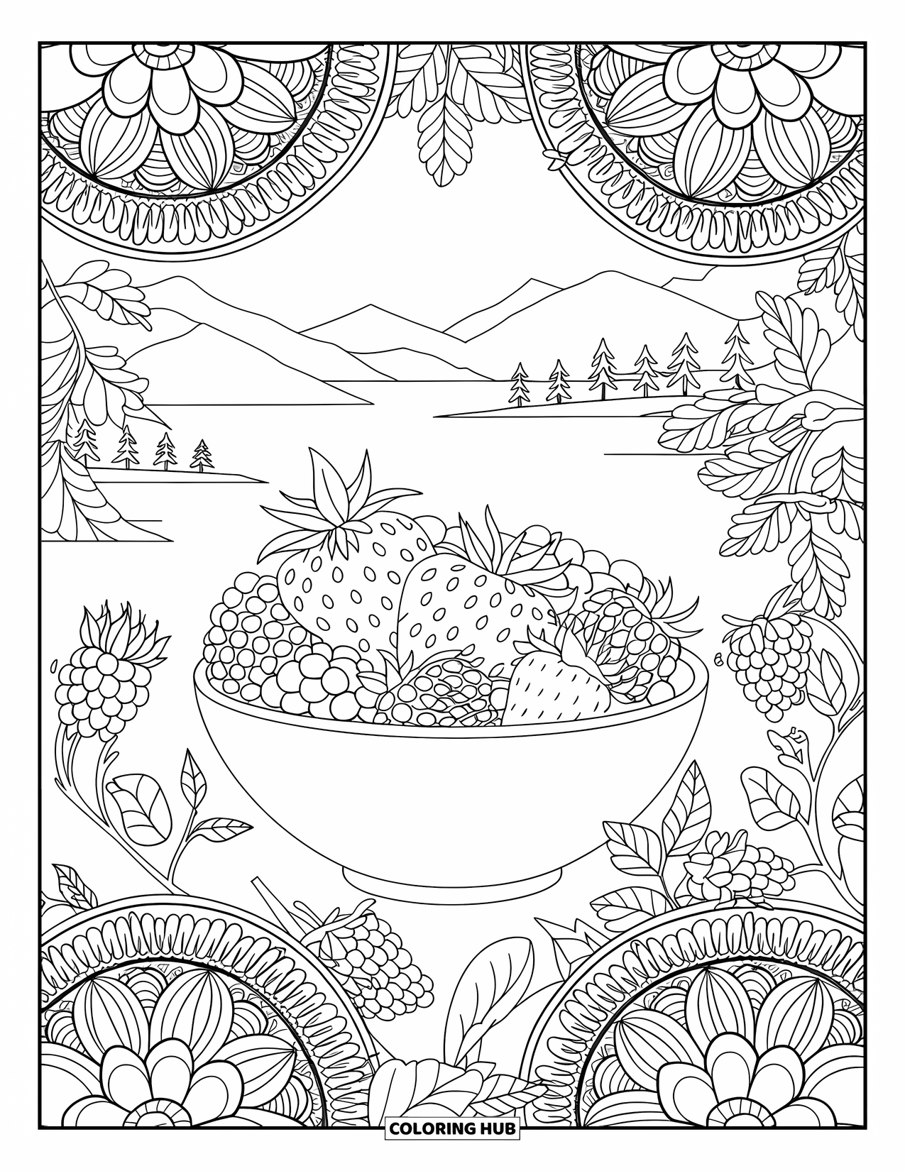 Healthy Food Coloring Page for Adults: Mixed berries framed by floral mandalas and a peaceful landscape