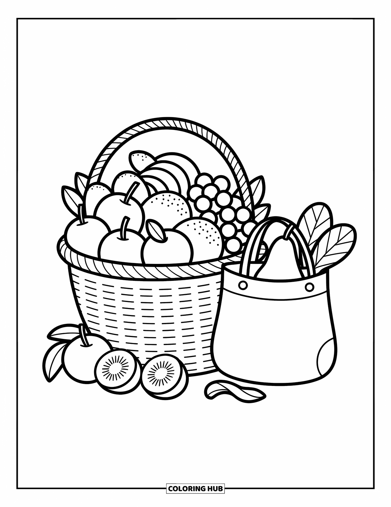 Healthy Food Coloring Page for Adults: Neatly packed fruit basket beside a small tote bag with extra greens