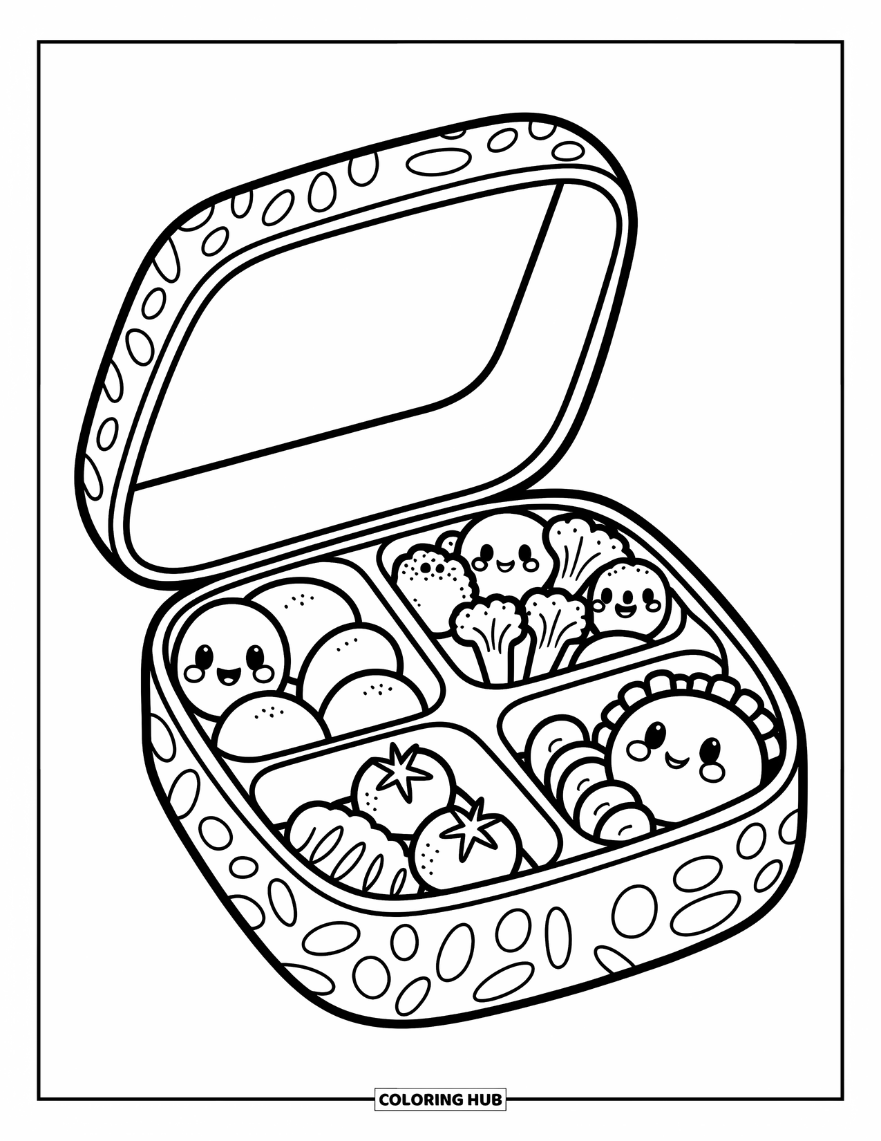 Healthy Food Coloring Page for Adults: Open bento with fun-shaped veggies, eggs, and playful food dividers