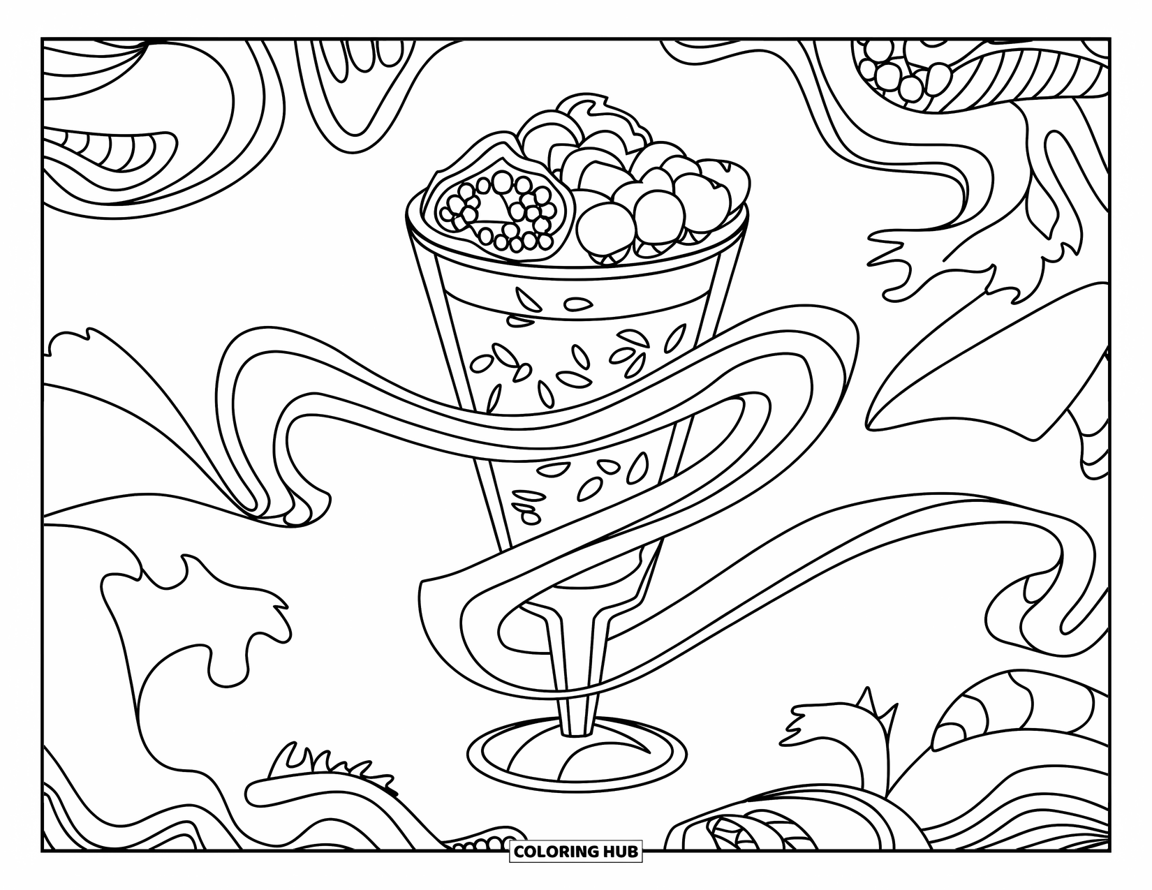 Healthy Food Coloring Page for Adults: Parfait glass with fruit and oats wrapped in floral swirls