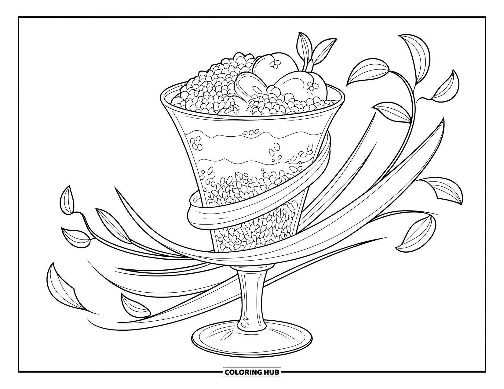Healthy Food Coloring Page for Adults: Parfait glass with oats and fruit surrounded by floral lines