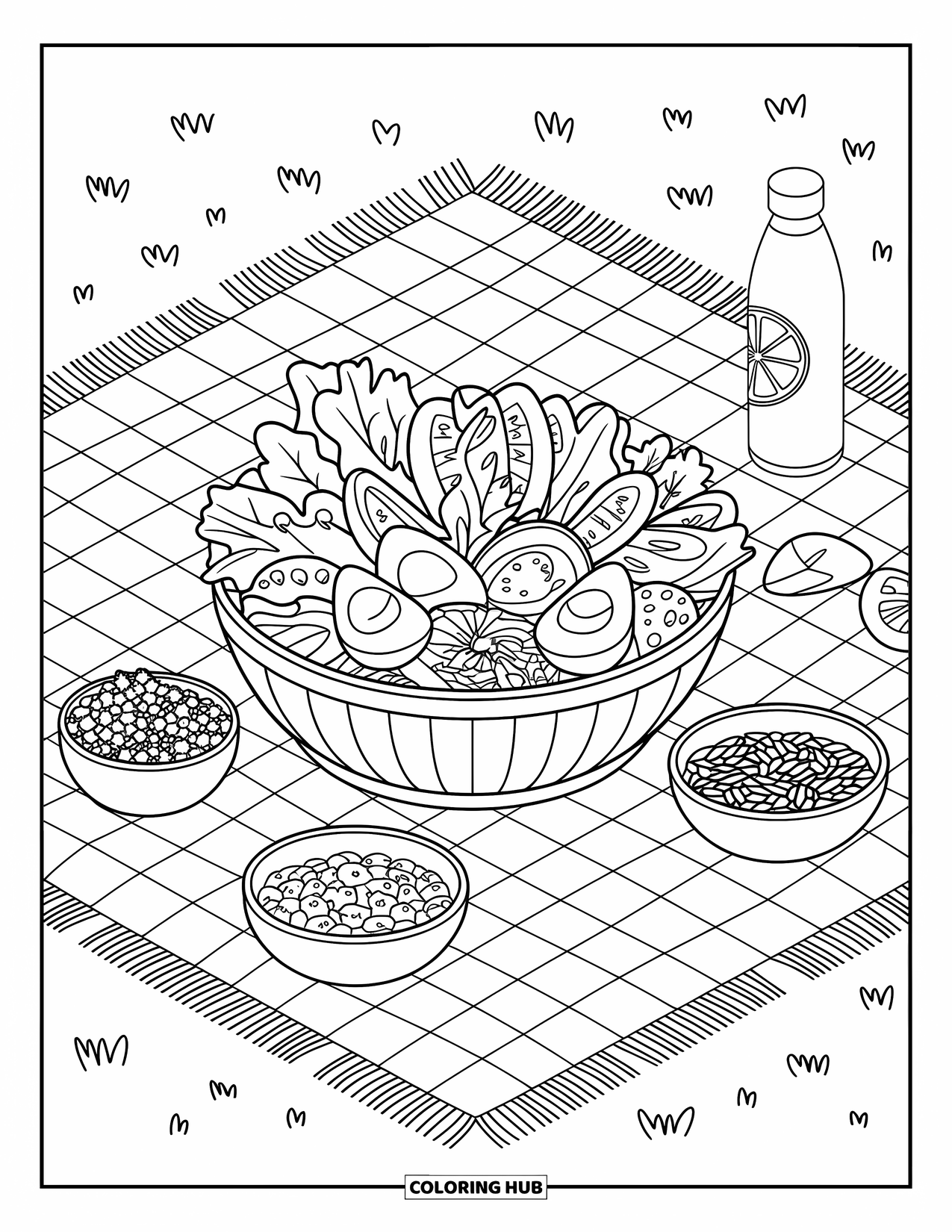 Healthy Food Coloring Page for Adults: Picnic blanket with salad, nuts, and a citrus-decorated water bottle