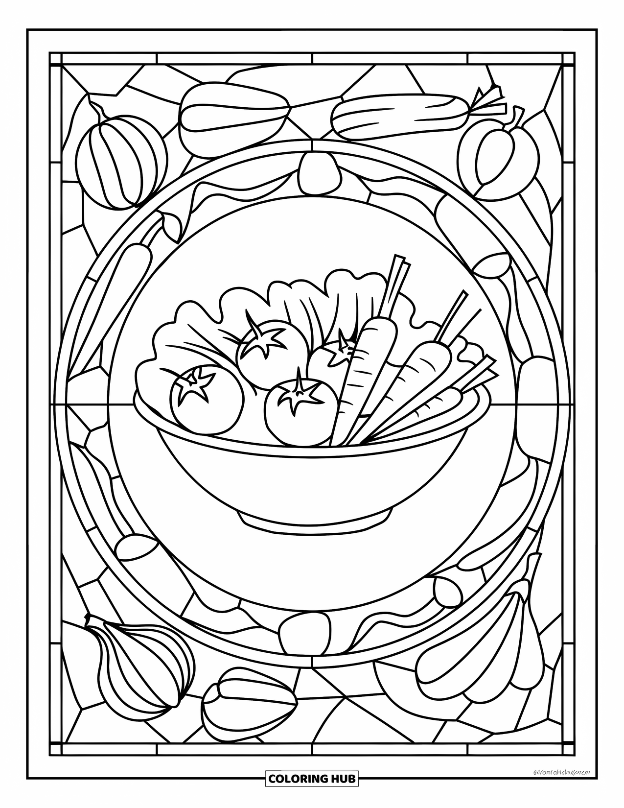 Healthy Food Coloring Page for Adults: Salad bowl with veggie-stained glass patterns around it