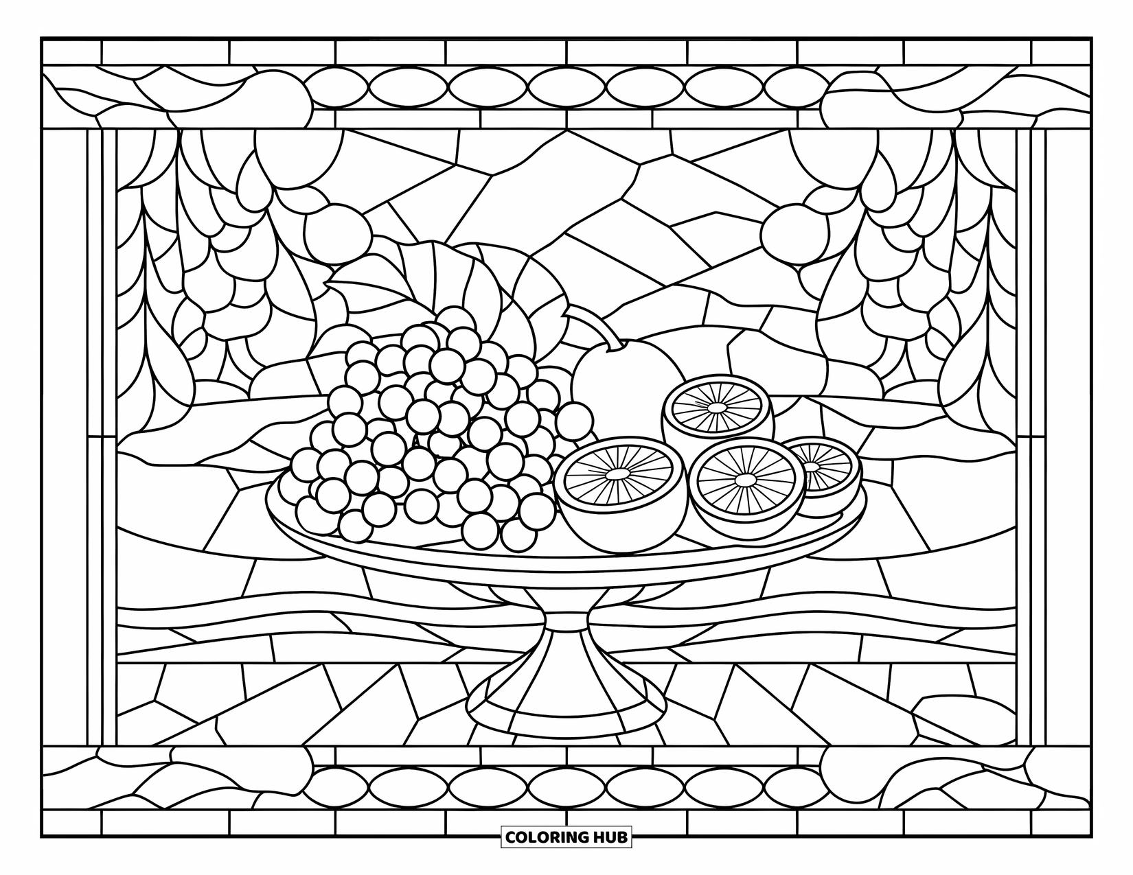 Healthy Food Coloring Page for Adults: Stained glass fruit platter with grapes, kiwi, and oranges against a scenic backdrop