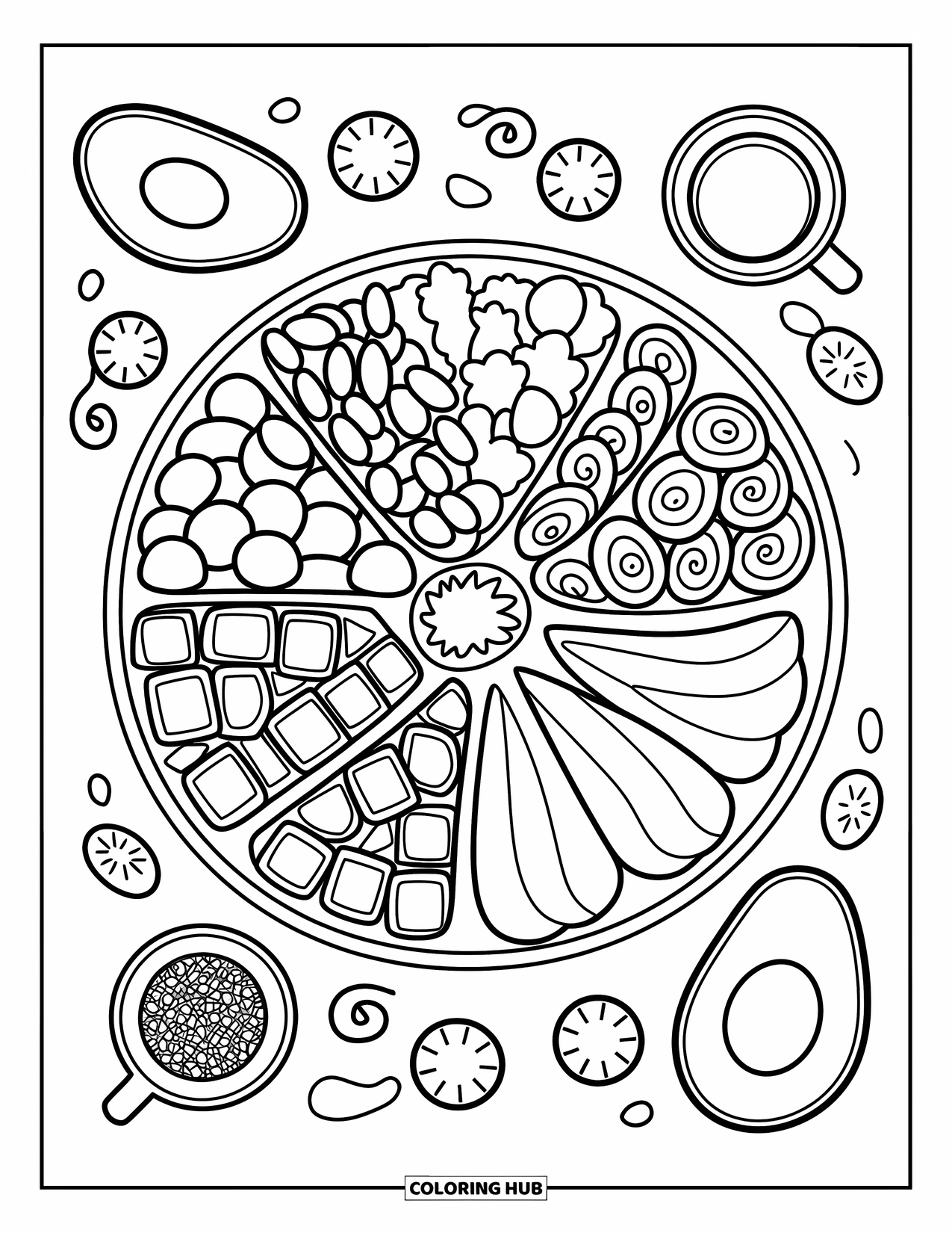 Healthy Food Coloring Page for Adults: Tasty grain bowl with veggies, fruit, tea, and swirly divider lines