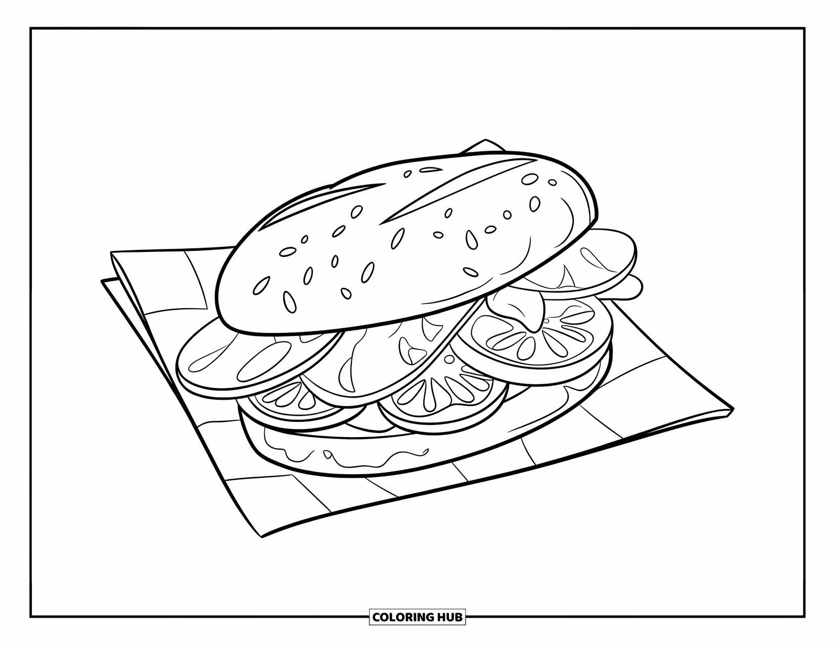 Healthy Food Coloring Page for Kids: A fun sandwich shaped like a smiley face made of bread, spinach, and tomato