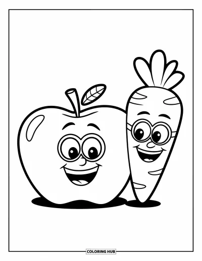 Kolorowanka ze zdrowym jedzeniem dla dzieci: Jabłko w okularach i uśmiechnięta marchewka siedzące obok siebie