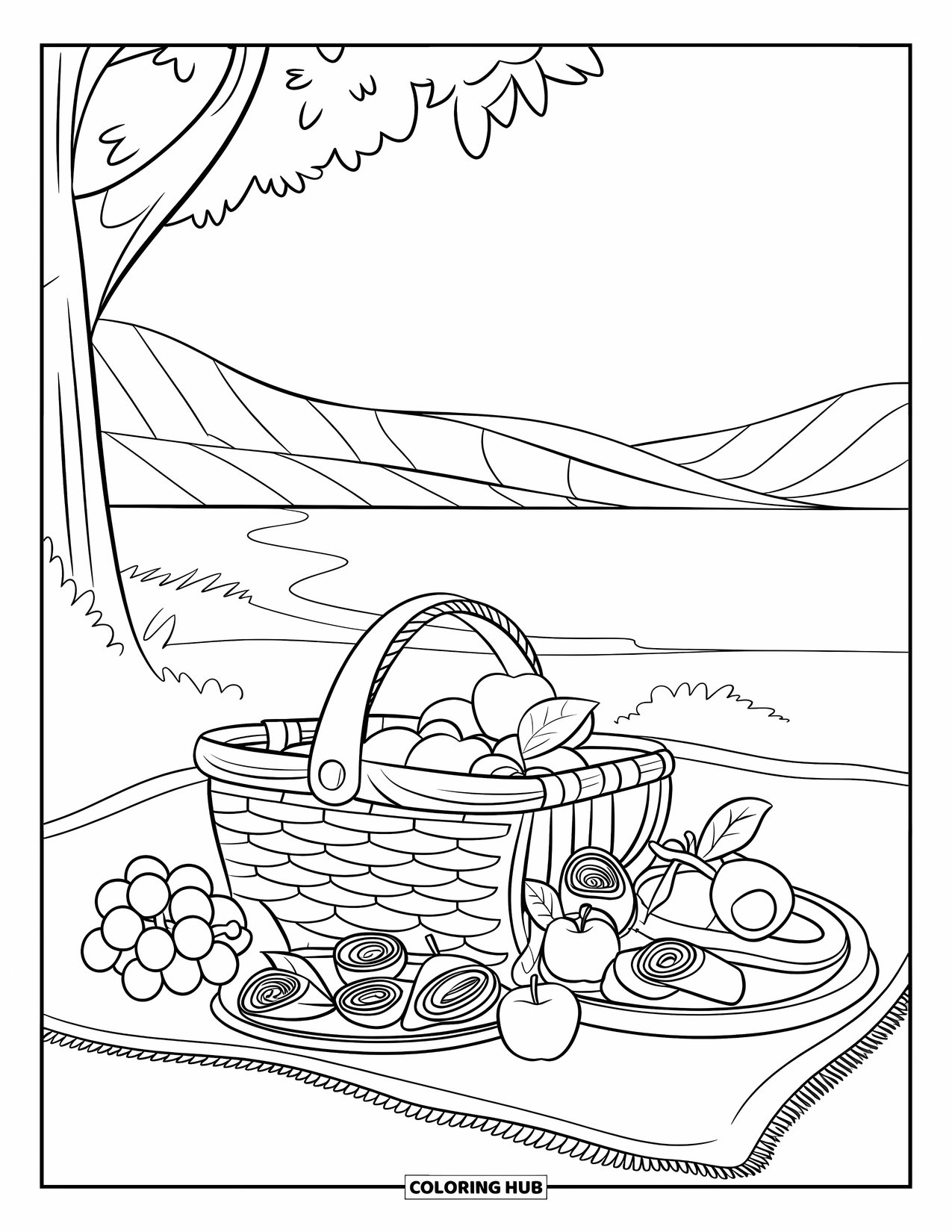 Healthy Food Coloring Page for Kids: Basket with fruit and wraps on a blanket by the hills