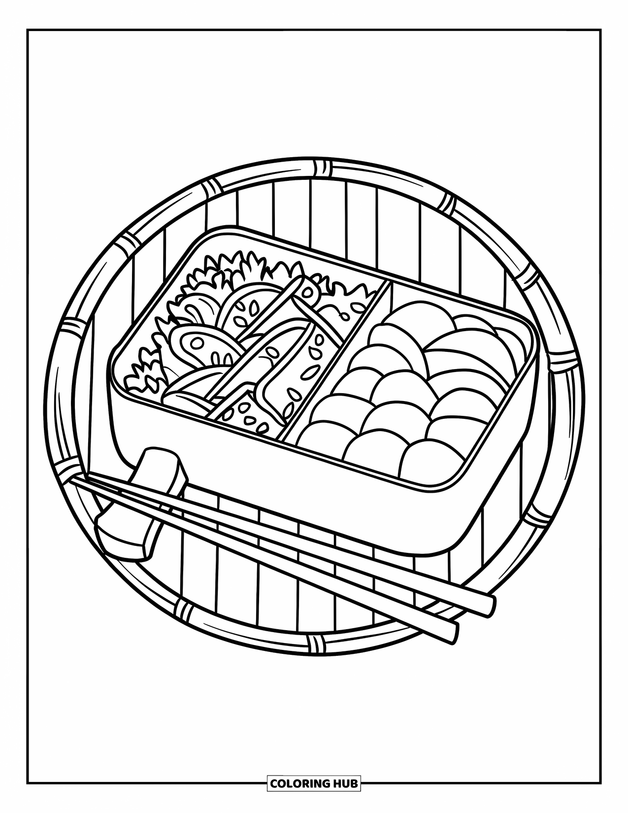Healthy Food Coloring Page for Kids: Bento box with rice, seaweed salad, and fruit on a bamboo tray