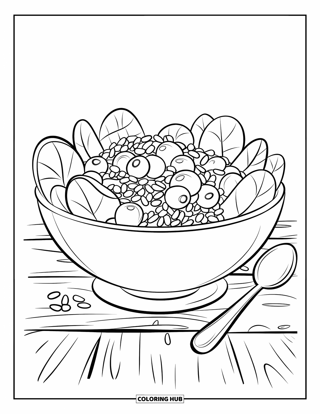 Healthy Food Coloring Page for Kids: Bowl of salad with spinach, berries, and seeds beside a silver spoon