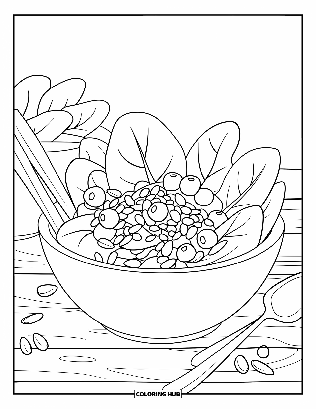 Healthy Food Coloring Page for Kids: Bowl of spinach, berries, and seeds with utensils nearby