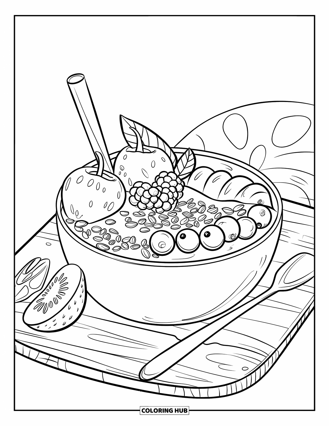 Healthy Food Coloring Page for Kids: Bowl with smoothie and fruits resting on a wooden board with a fork