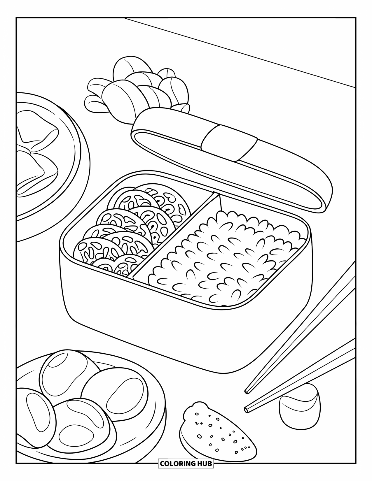 Healthy Food Coloring Page for Kids: Box of rice, fruit, and seaweed salad with pickled ginger beside it
