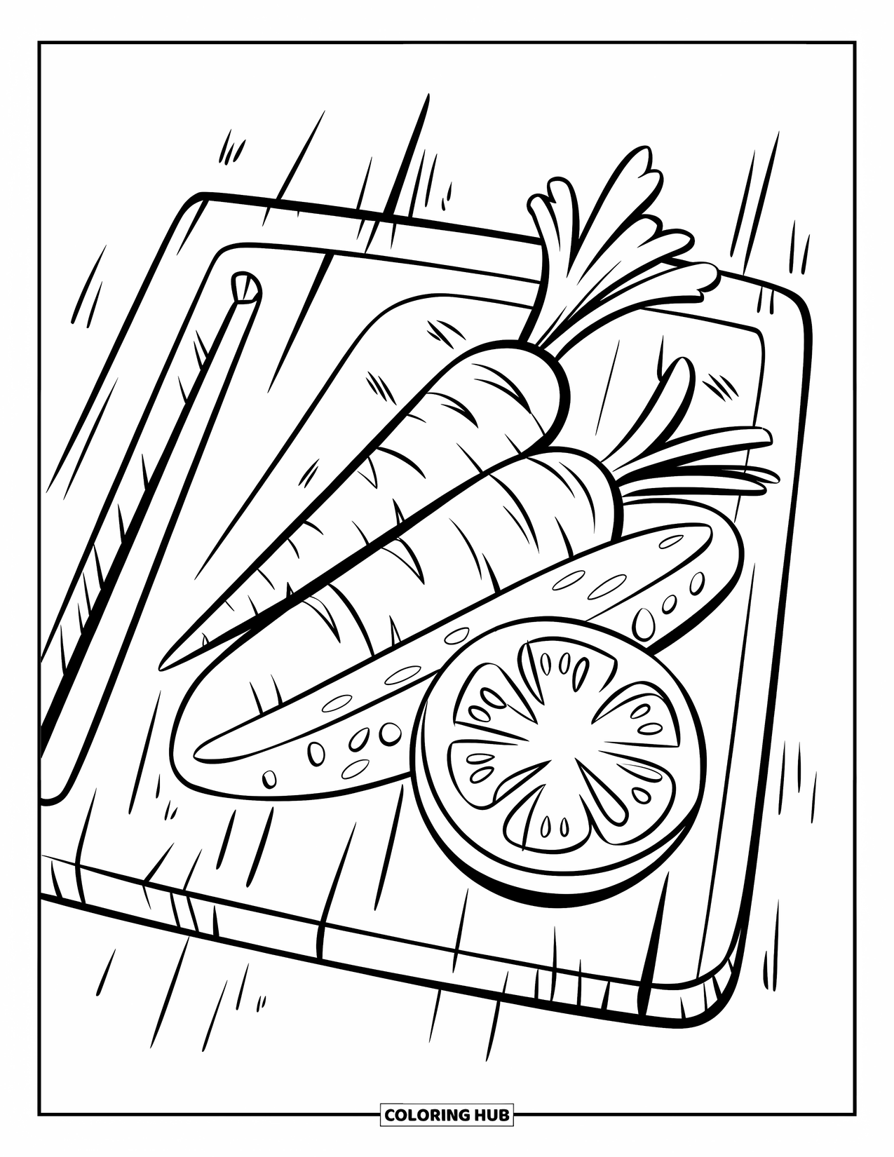 Healthy Food Coloring Page for Kids: Cutting board with carrot, cucumber, and sliced tomato in a row