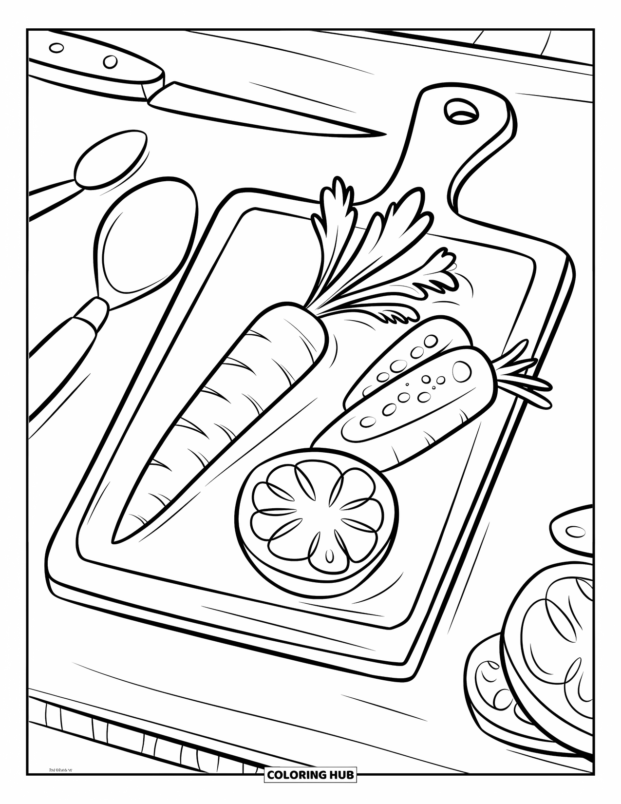 Healthy Food Coloring Page for Kids: Cutting board with veggies and utensils beside it