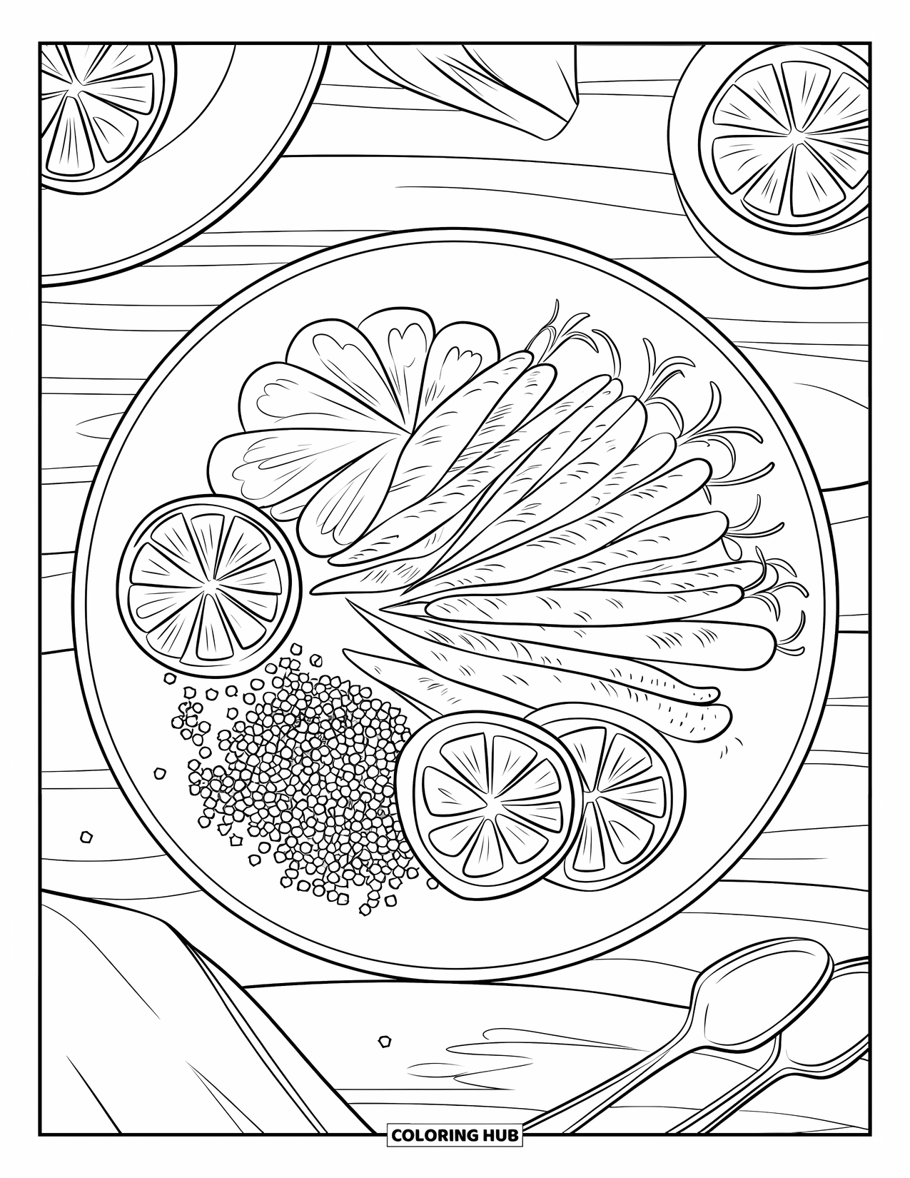 Healthy Food Coloring Page for Kids: Dinner plate with grilled veggies, quinoa, and citrus wedges beside utensils