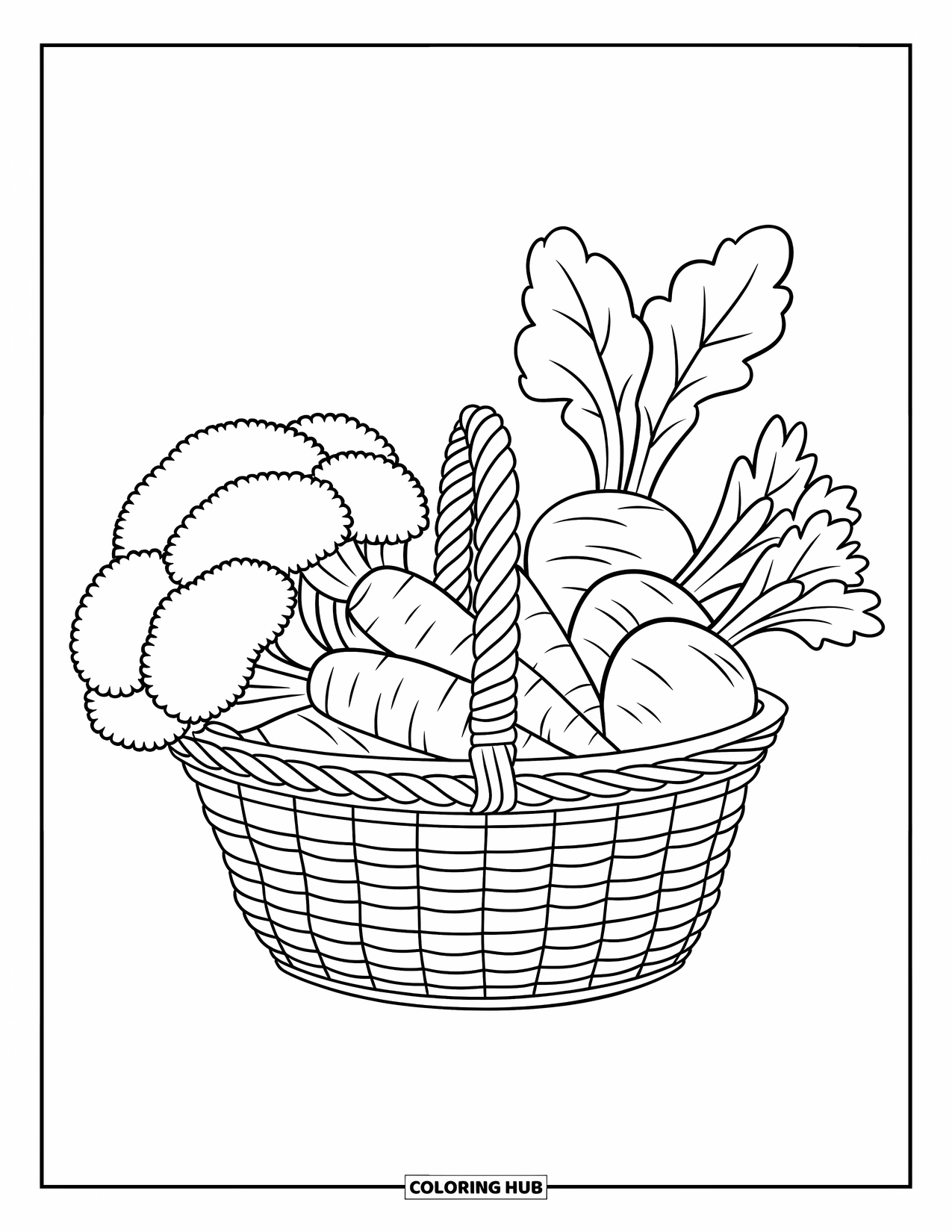 Healthy Food Coloring Page for Kids: Full basket of veggies with a leaf peeking out on top