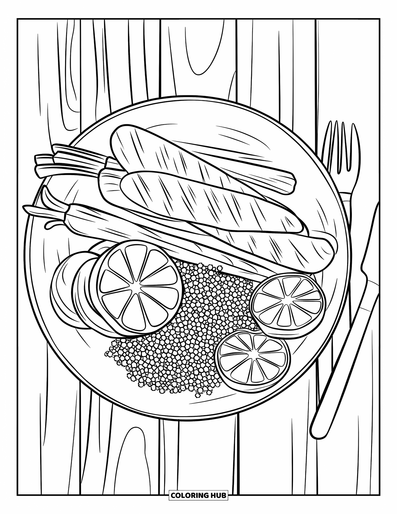 Healthy Food Coloring Page for Kids: Grilled veggies, quinoa, and citrus wedges with a fork and knife on wood