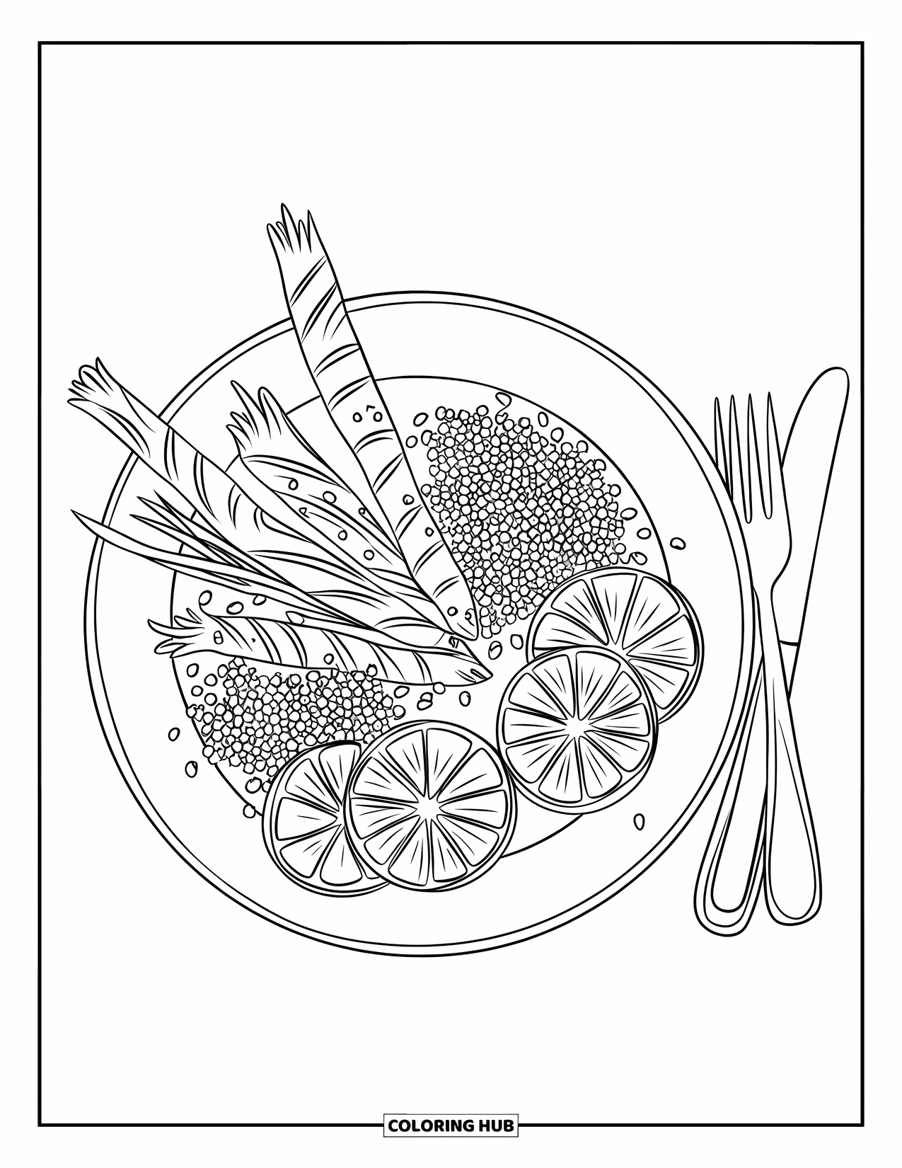 Healthy Food Coloring Page for Kids: Grilled veggies, quinoa, and citrus wedges with a fork and knife
