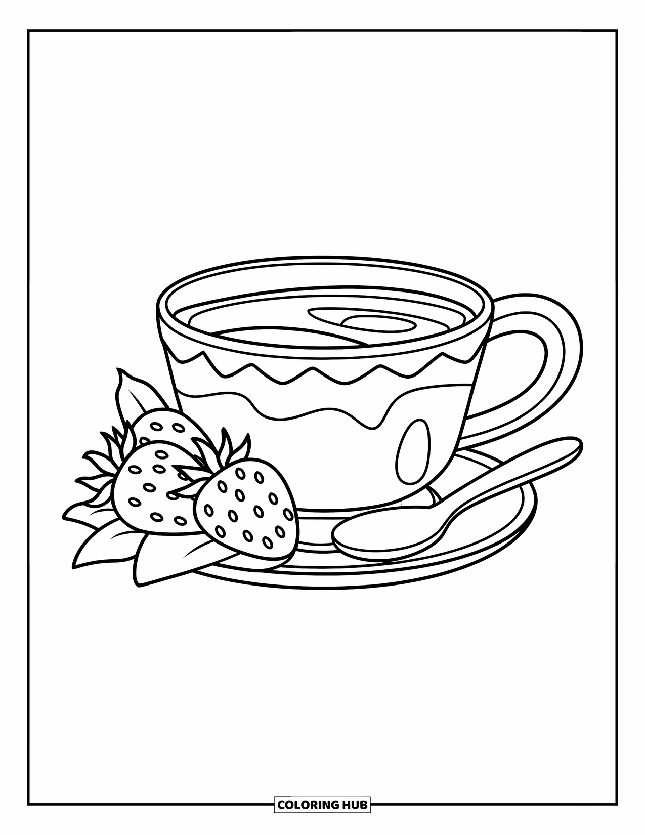 Healthy Food Coloring Page for Kids: Half-filled yogurt cup on a saucer with strawberries and a little spoon