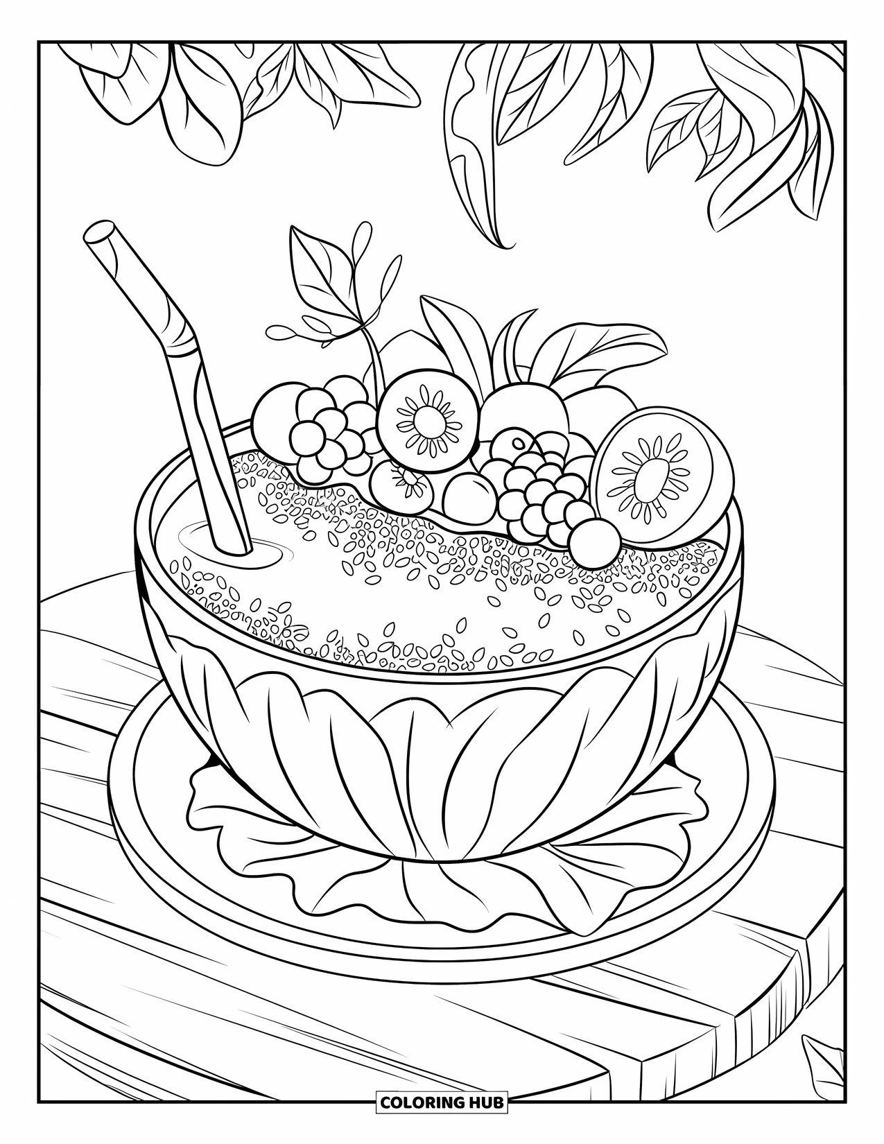 Healthy Food Coloring Page for Kids: Leaf bowl filled with smoothie and topped playfully with fruit and seeds