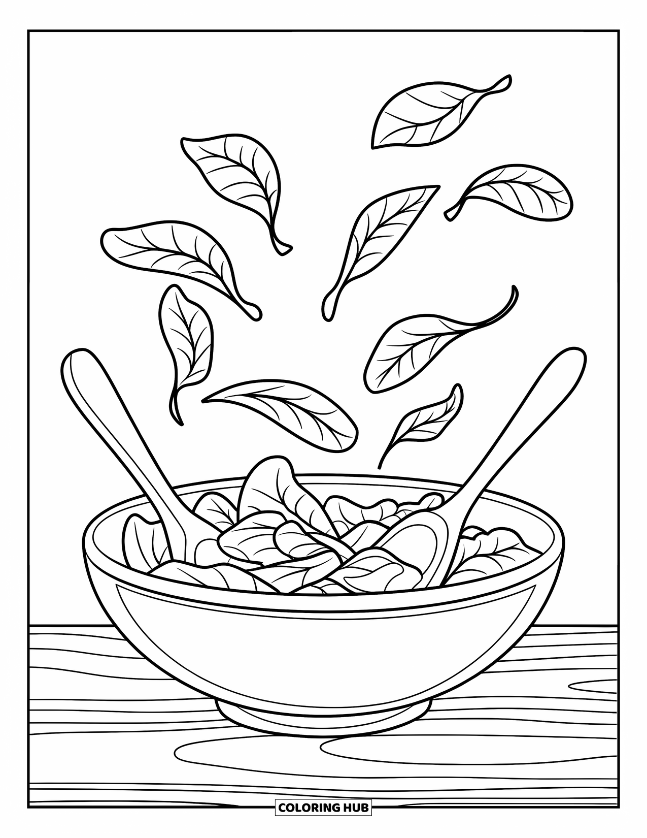 Healthy Food Coloring Page for Kids: Leafy salad on a wooden table with floating greens and spoons
