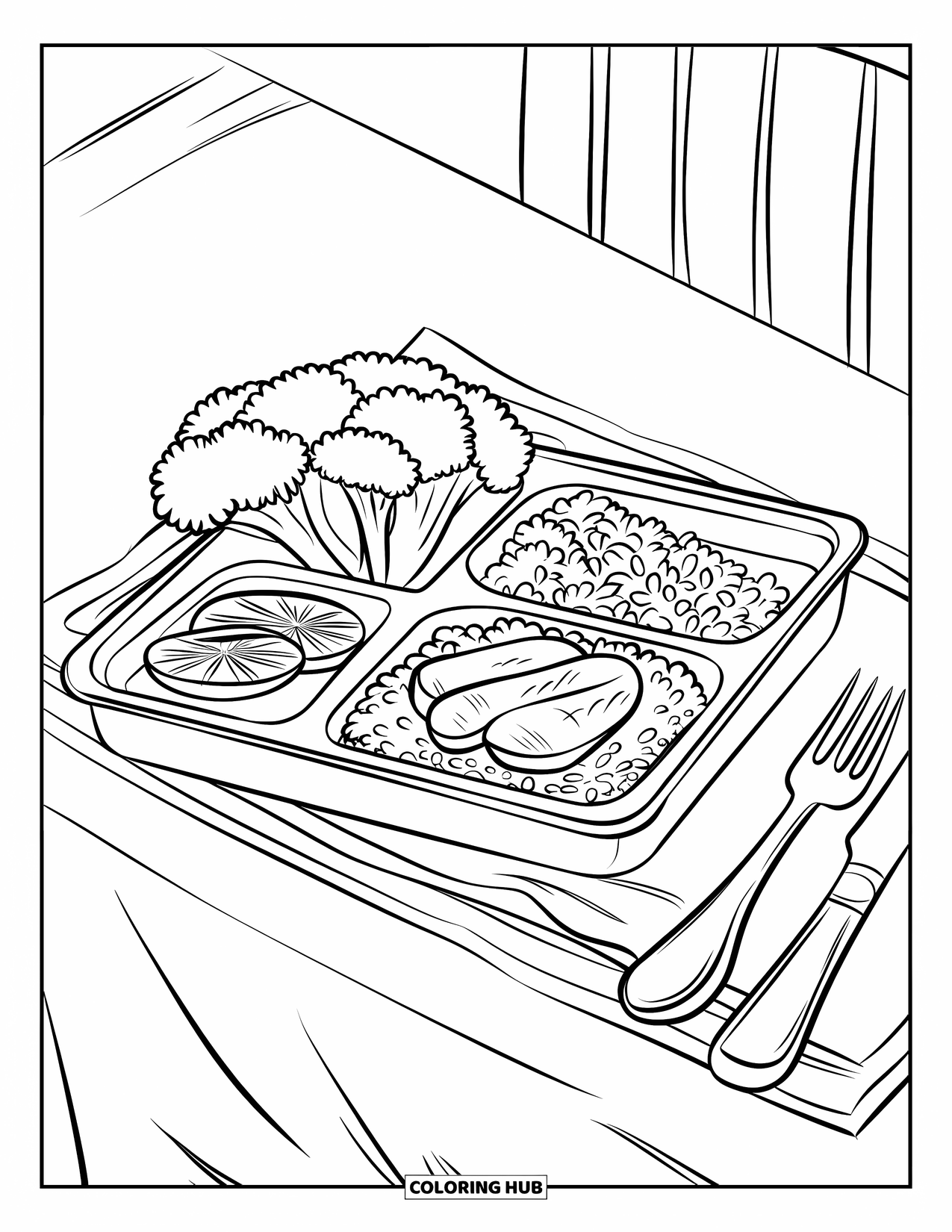 Healthy Food Coloring Page for Kids: Lunch tray with broccoli, chicken, rice, and oranges beside utensils