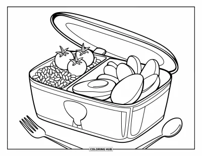 Kolorowanka ze zdrowym jedzeniem dla dzieci: Lunchbox wypełniony ryżem, pomidorami, jajkiem i jabłkami z łyżką i widelcem