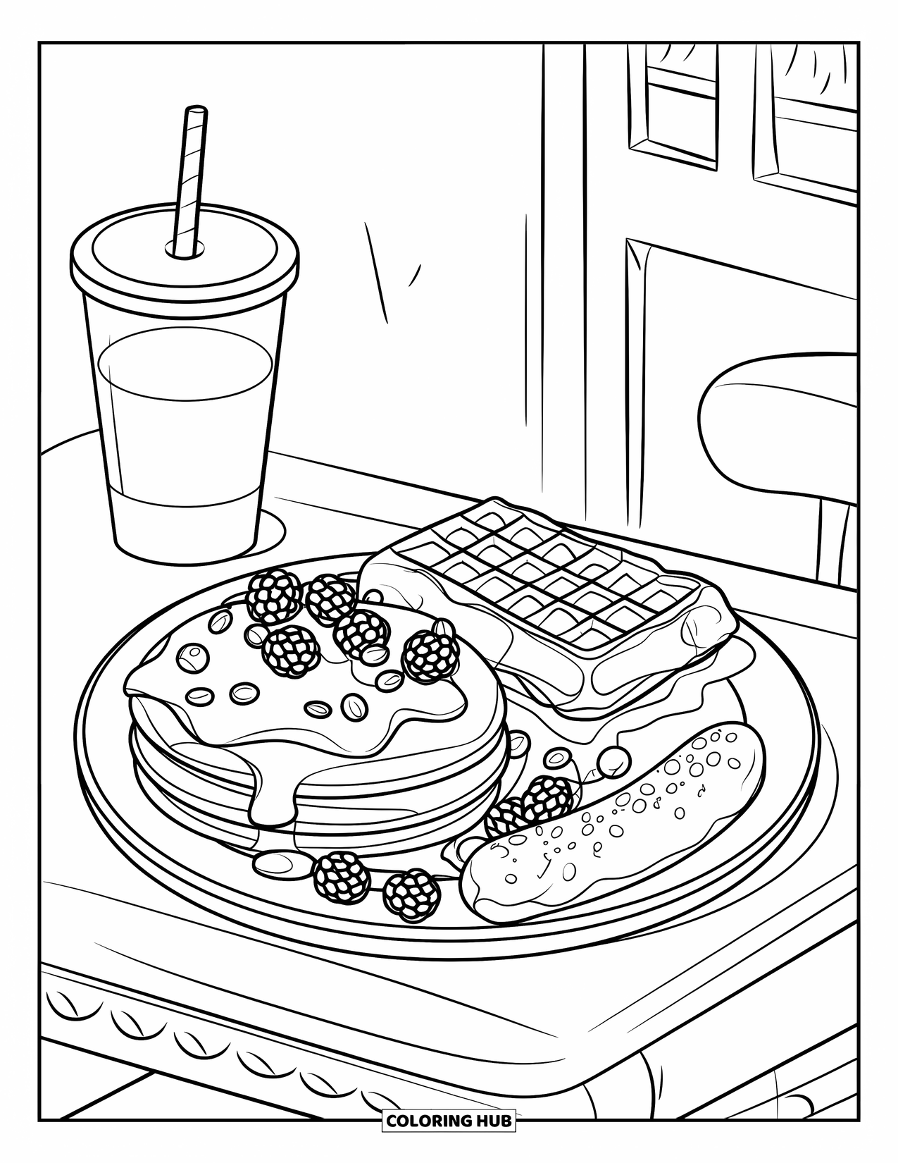 Healthy Food Coloring Page for Kids: Pancakes, waffle, and sausage with a cup beside the plate