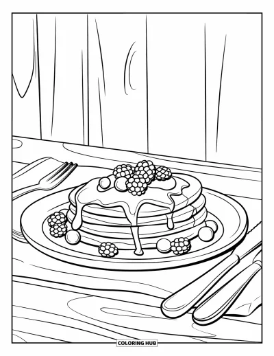 Kolorowanka ze zdrowym jedzeniem dla dzieci: Naleśniki z dodatkami na talerzu obok widelca i noża