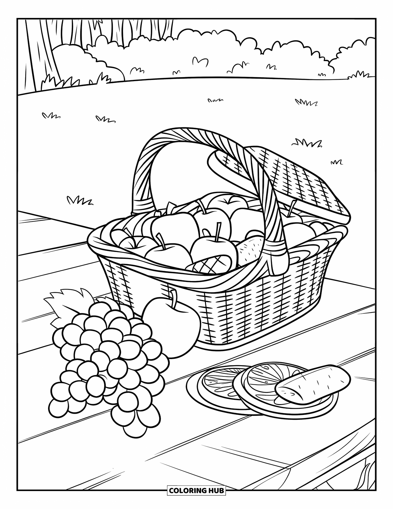 Healthy Food Coloring Page for Kids: Picnic basket with fruit and wraps on a wooden table