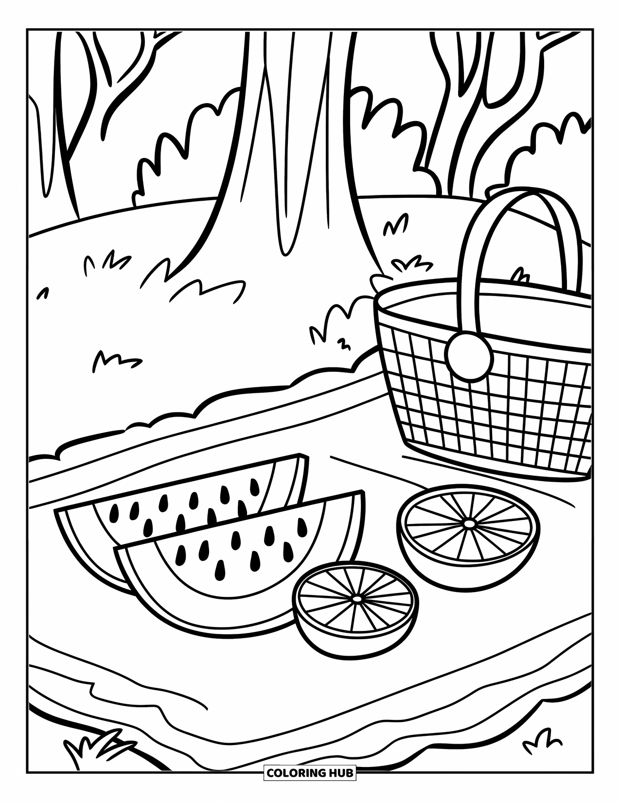 Healthy Food Coloring Page for Kids: Picnic mat with watermelon, oranges, and a nearby basket