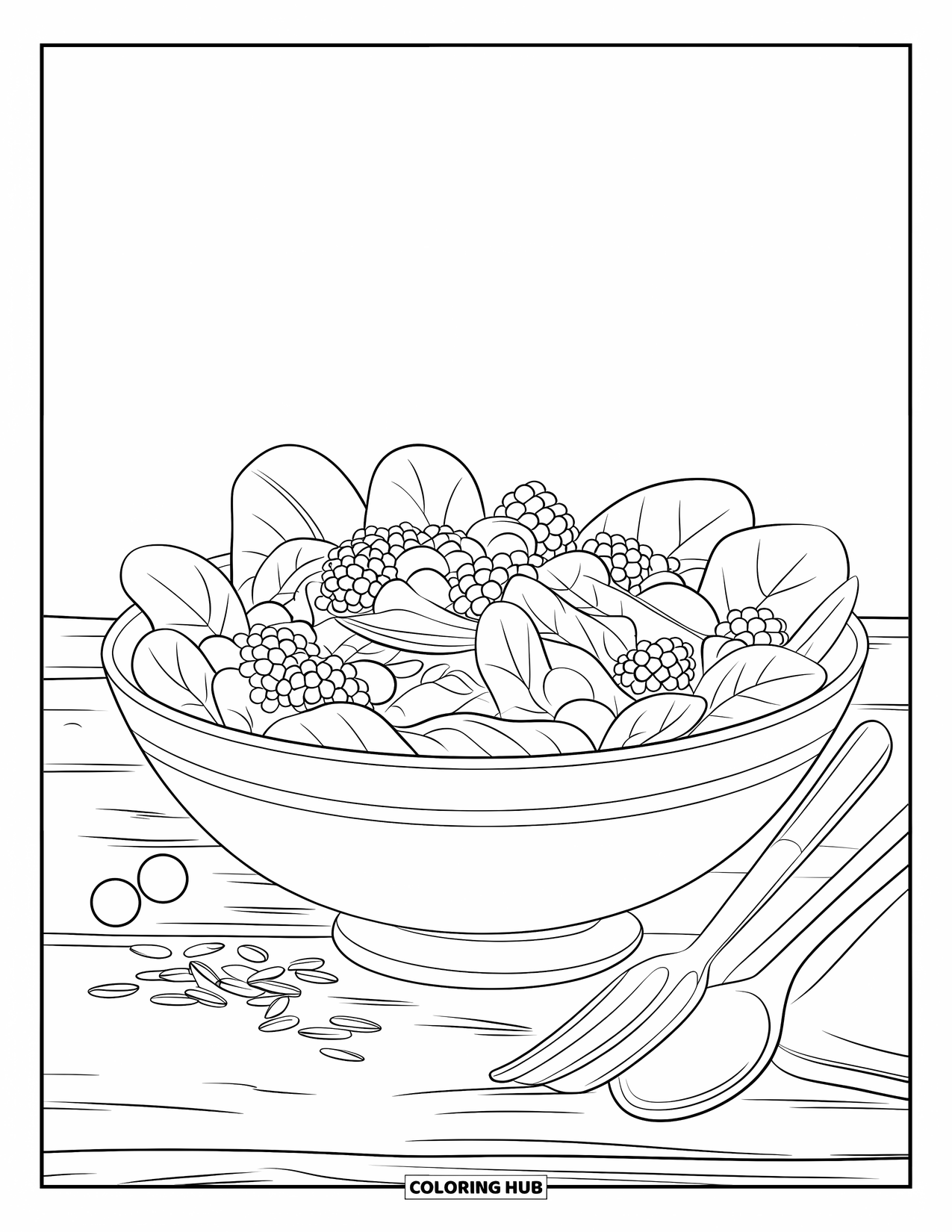 Healthy Food Coloring Page for Kids: Salad bowl with spinach, berries, and seeds sitting on a wooden table