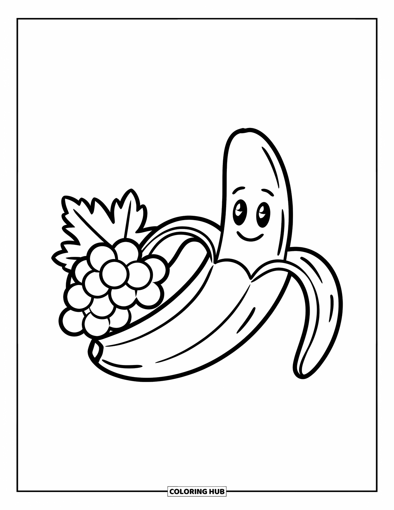 Healthy Food Coloring Page for Kids: Smiling banana beside a happy bunch of grapes with leaves