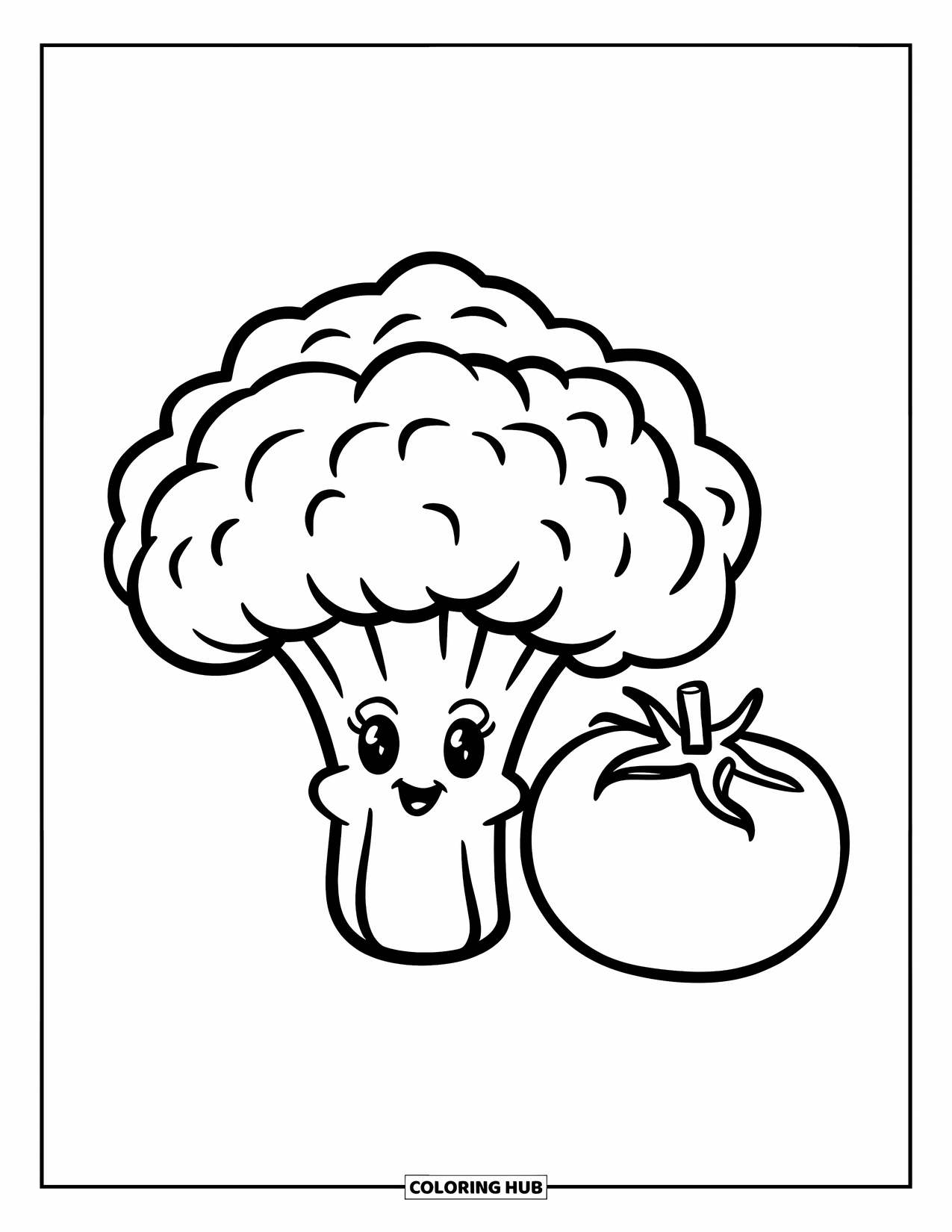 Healthy Food Coloring Page for Kids: Smiling broccoli next to a round tomato on a white surface