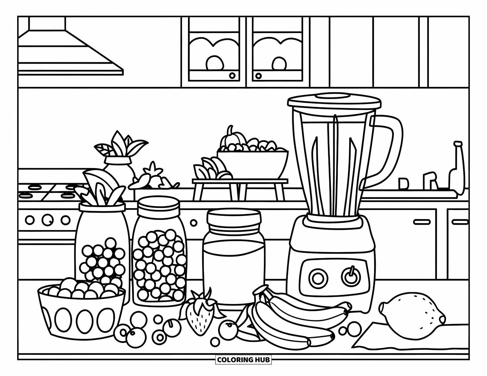 Healthy Food Coloring Page for Kids: Smoothie bar in a cozy kitchen with jars, blender, and fresh ingredients