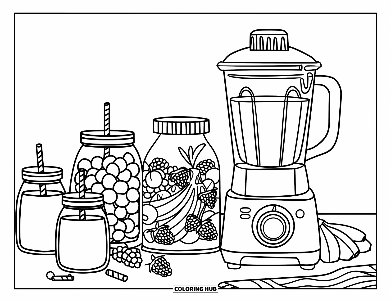 Healthy Food Coloring Page for Kids: Smoothie bar setup with blender, bananas, and berry jars