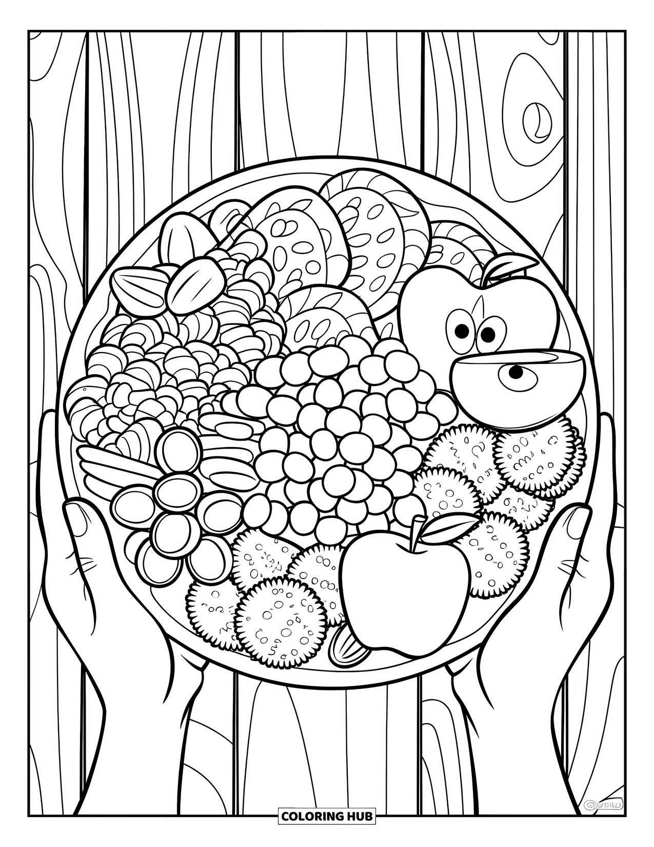 Healthy Food Coloring Page for Kids: Snack board filled with healthy treats held by a pair of hands