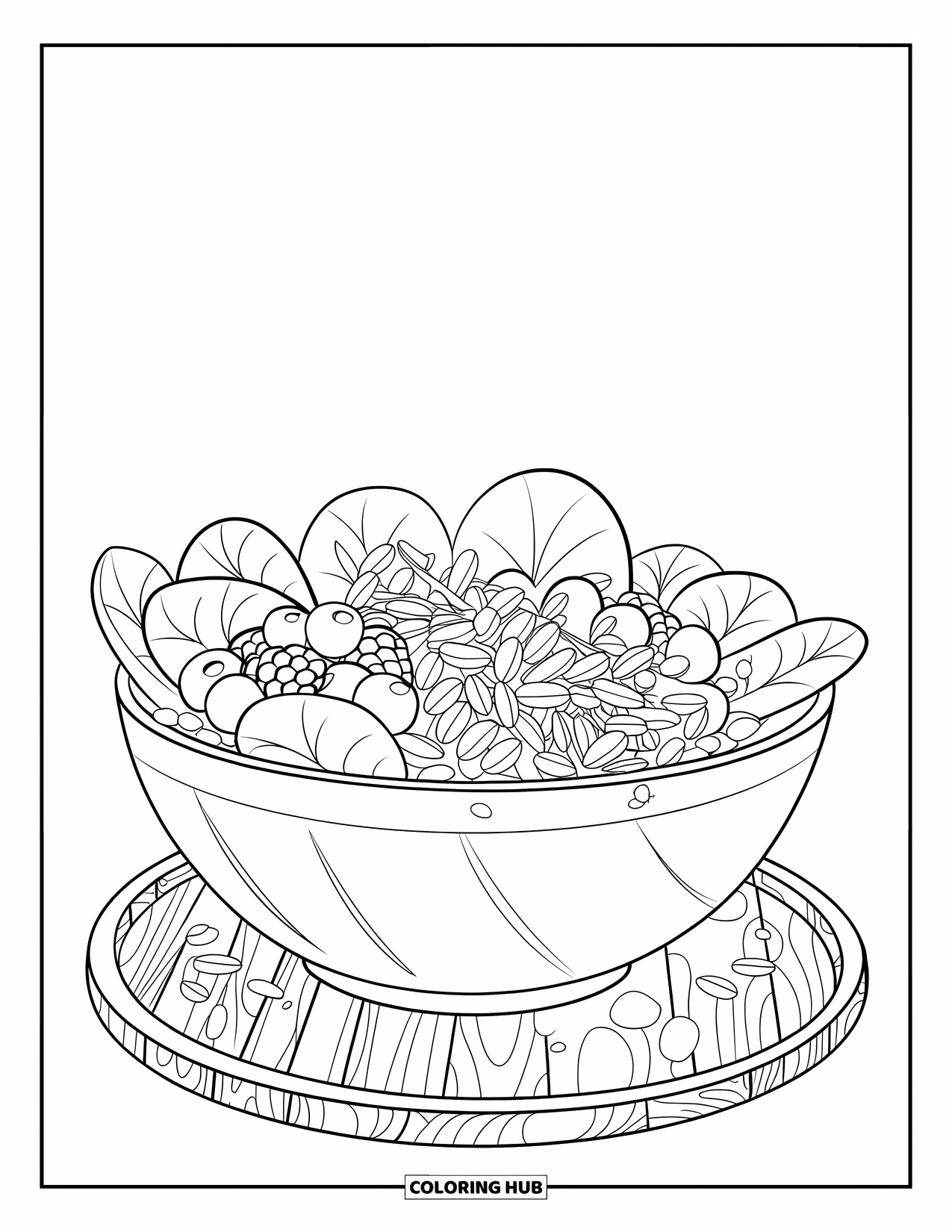 Healthy Food Coloring Page for Kids: Spinach and berry salad in a bowl on a wooden platter