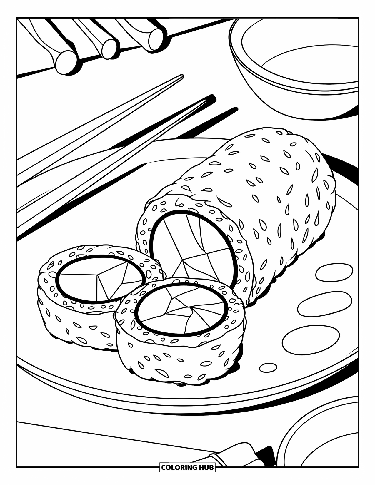 Healthy Food Coloring Page for Kids: Sushi rolls with veggies, chopsticks, and soy sauce on the side