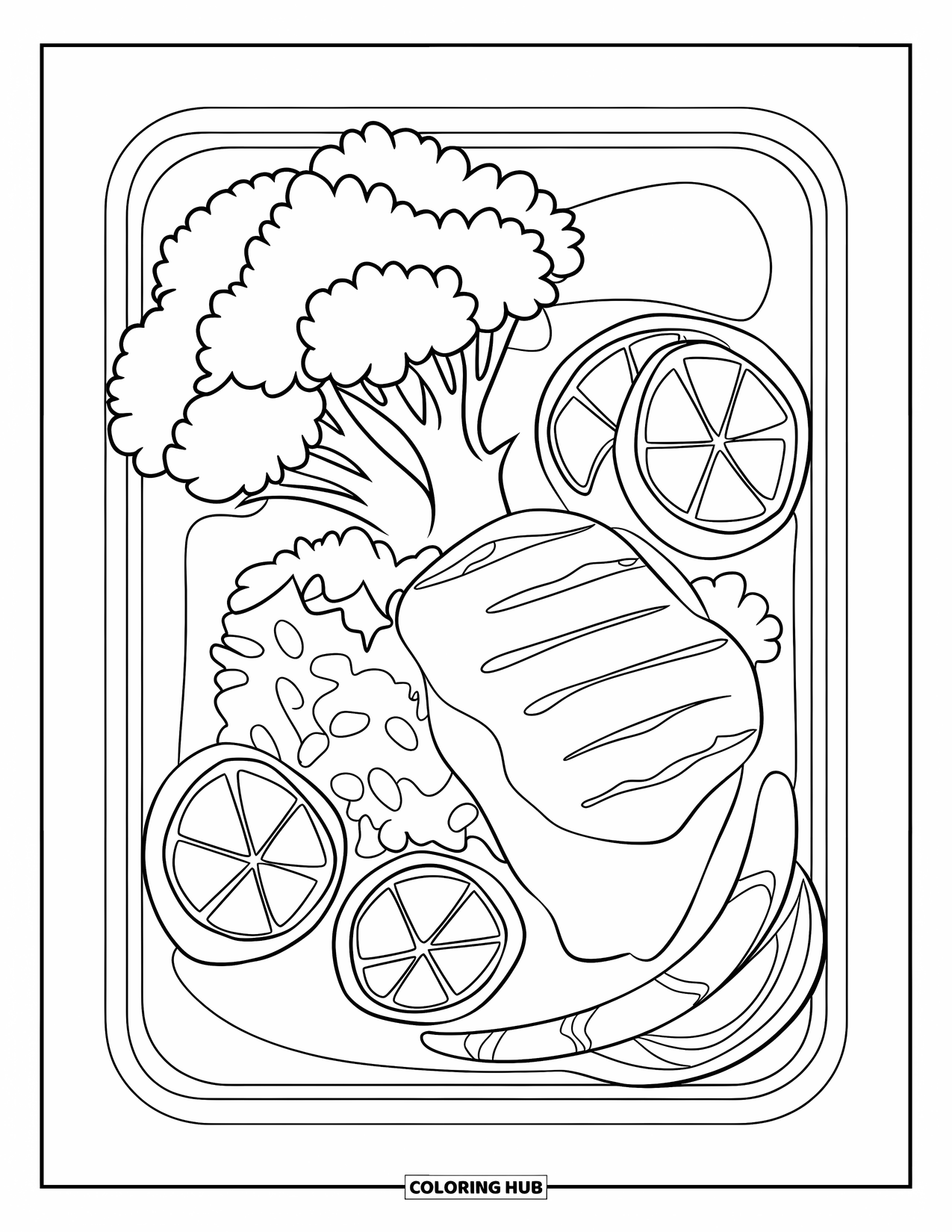 Healthy Food Coloring Page for Kids: Tray of chicken, rice, broccoli, and oranges outlined boldly