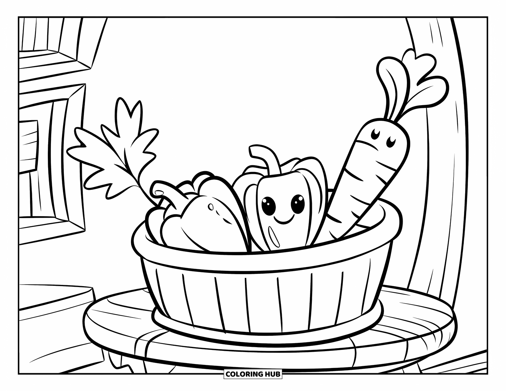 Healthy Food Coloring Page for Kids: Veggie basket on a stand with a playful hidden friend challenge