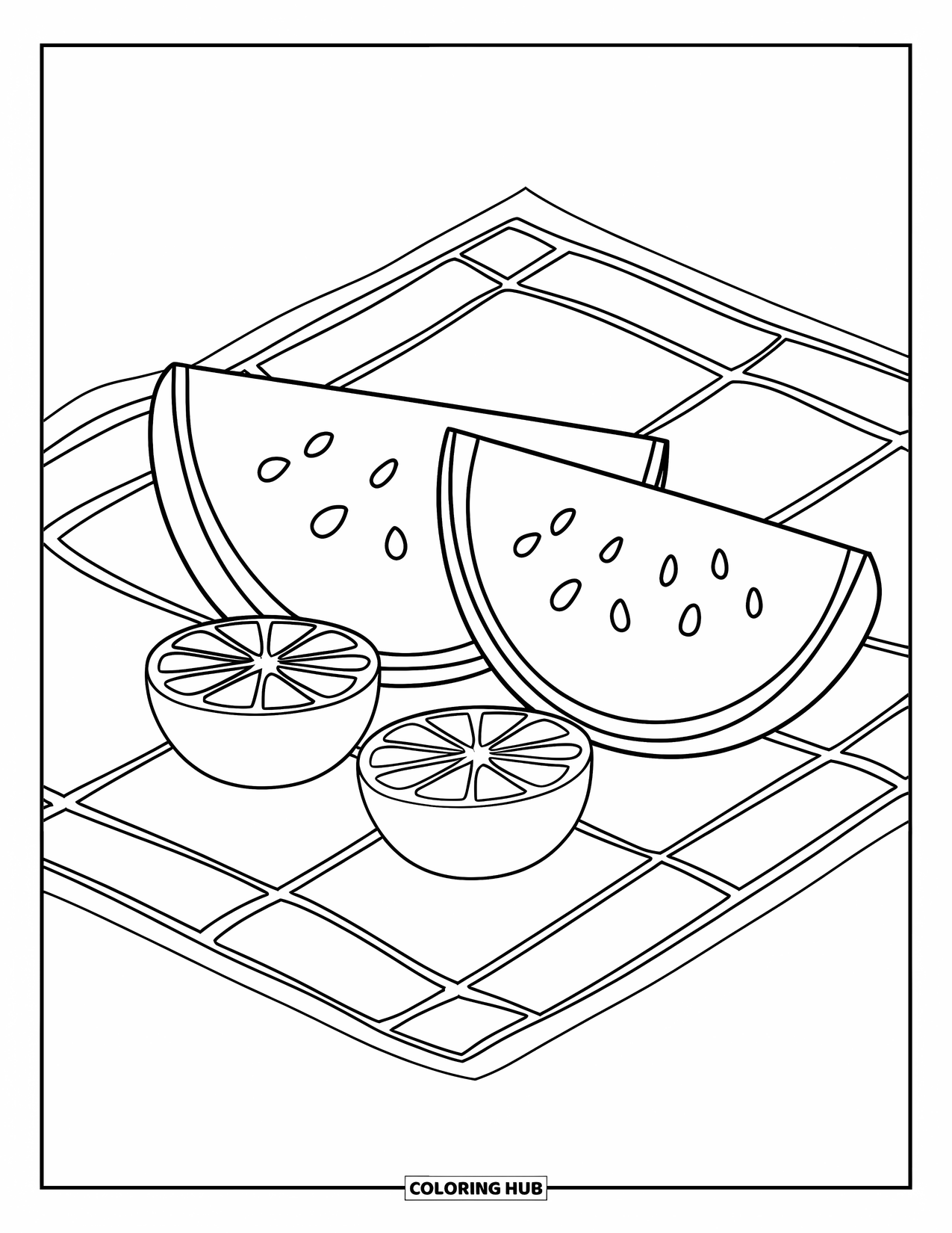 Healthy Food Coloring Page for Kids: Watermelon and orange slices on a checkered mat ready to enjoy