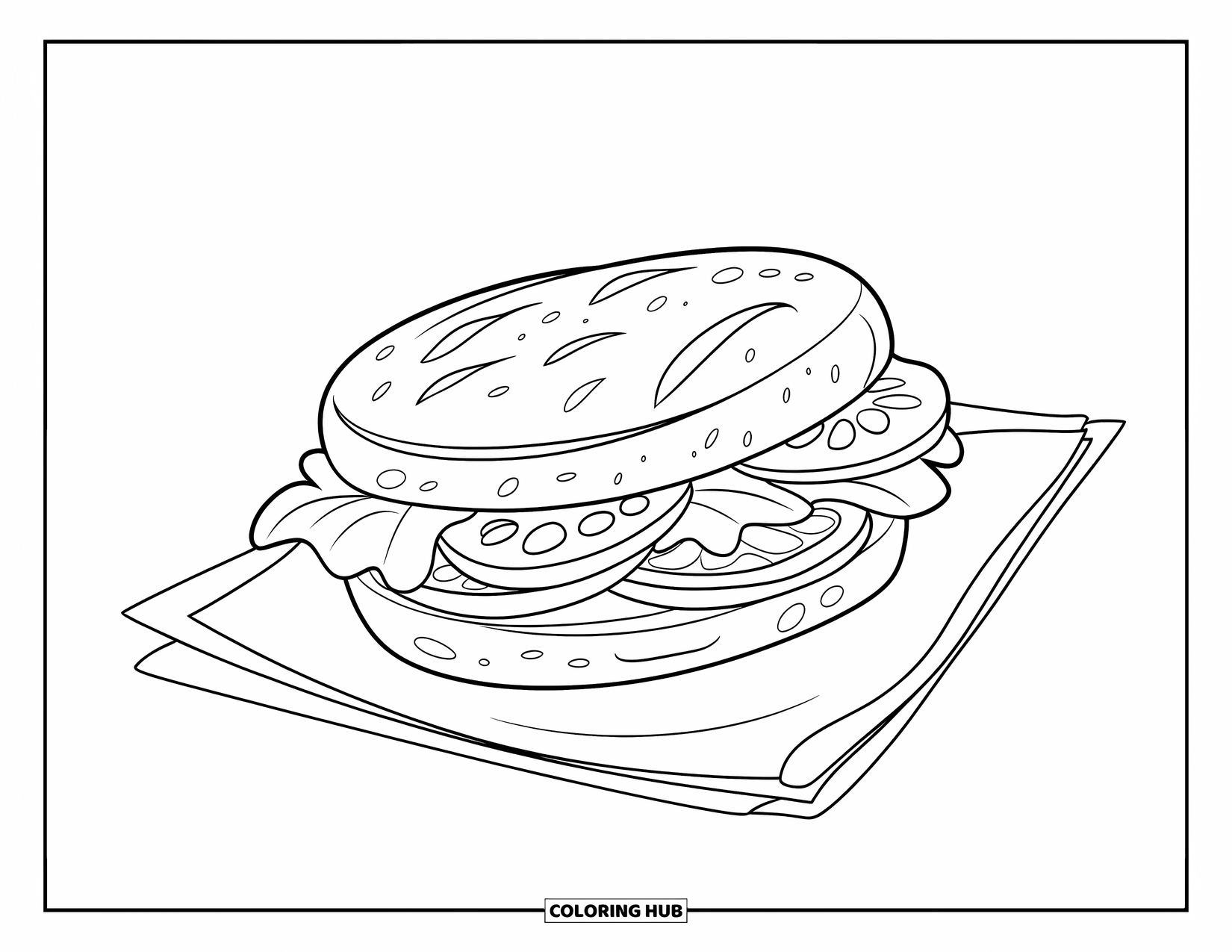 Healthy Food Coloring Page for Kids: Whole grain sandwich with spinach and tomato resting on a folded napkin