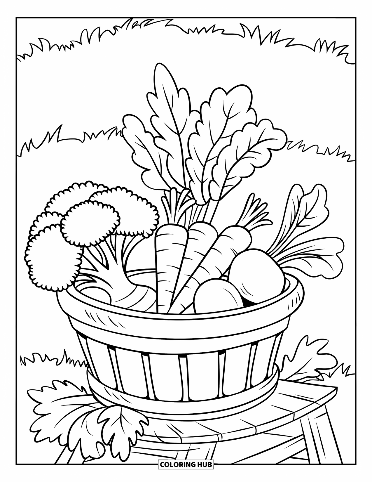 Healthy Food Coloring Page for Kids: Wicker basket with fresh veggies resting on a wooden stand
