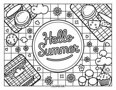 Hello Summer Coloring Page for Adults: A checkered blanket holds summer treats with "Hello Summer" at the center
