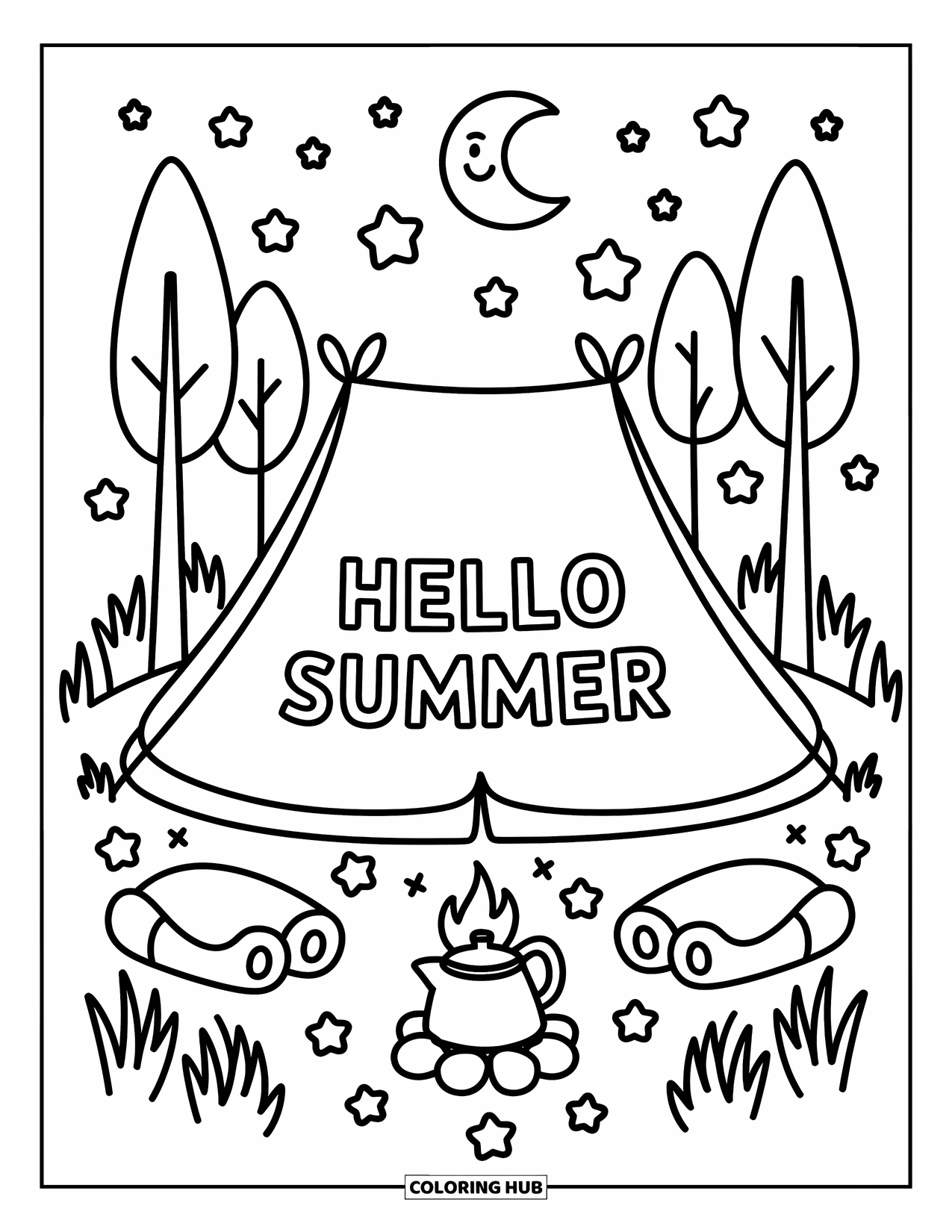 Hello Summer Coloring Page for Adults: A cozy tent under stars displays "Hello Summer" with fireflies and a campfire