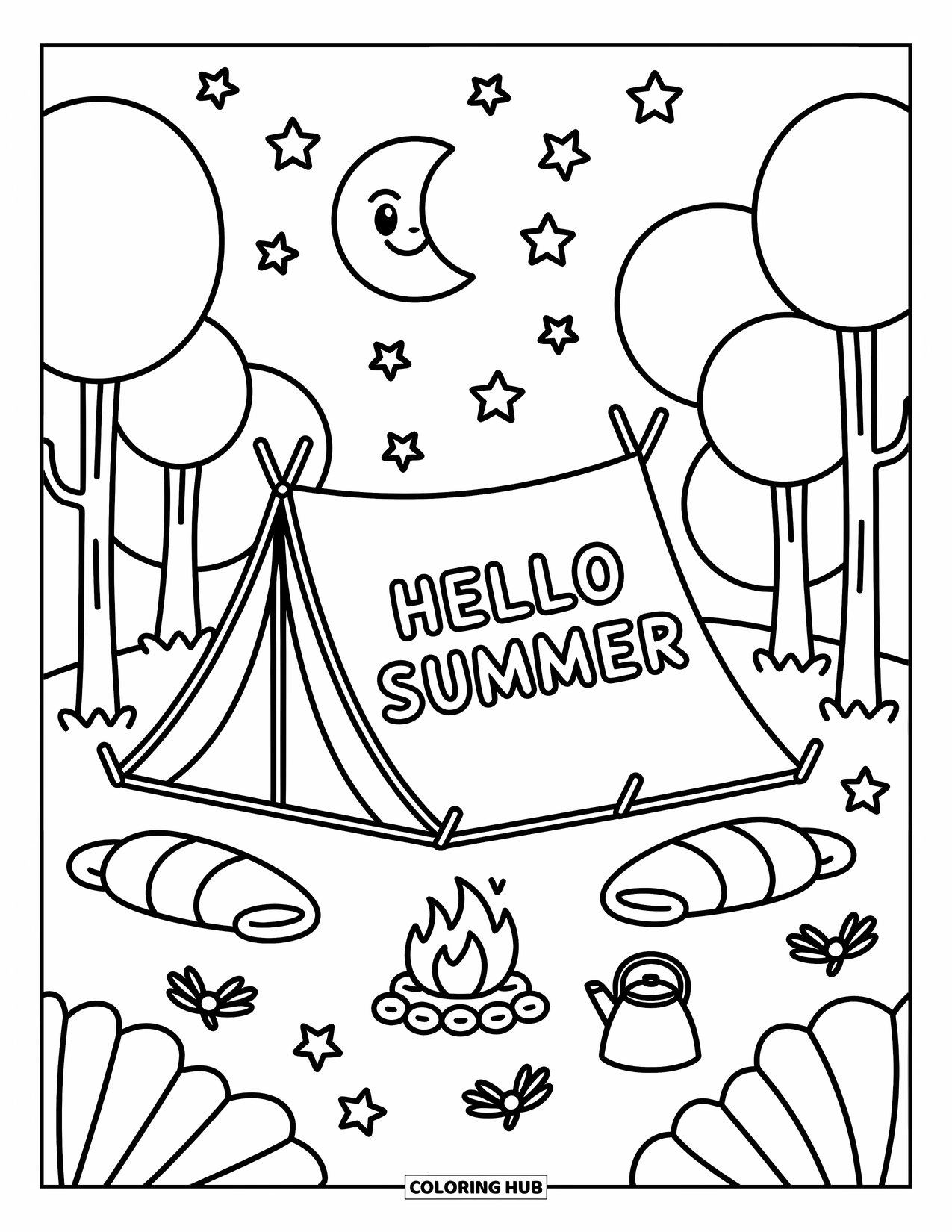 Hello Summer Coloring Page for Adults: A forest campsite features a tent that reads "Hello Summer" under a crescent moon