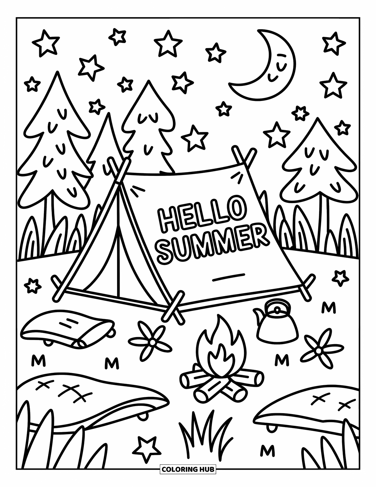 Hello Summer Coloring Page for Adults: A forest tent glows by a campfire with "Hello Summer" on the canvas