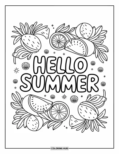 Hello Summer Coloring Page for Adults: A fruity wreath surrounds "Hello Summer" in a cheerful, tropical scene